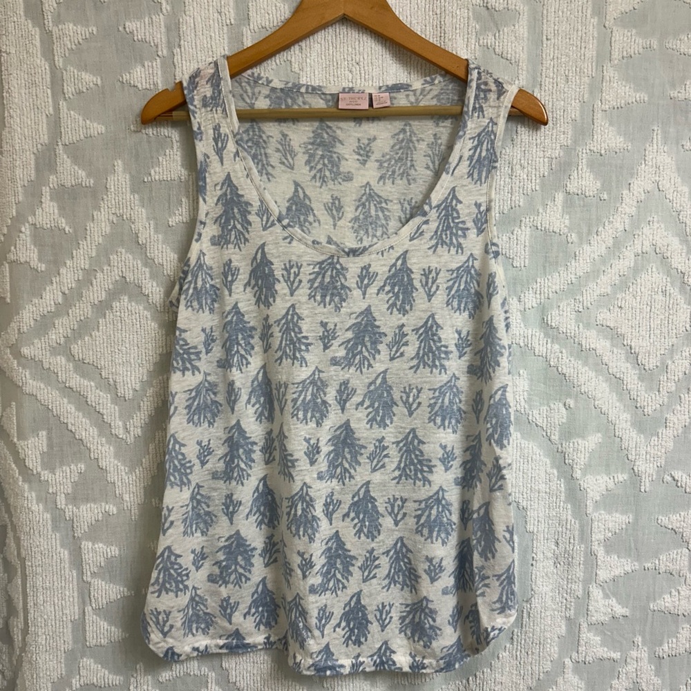 St Tropez West Blue and White Coral Print 100% Linen Curved Hem Tank Top